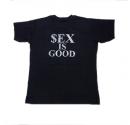 T シャツ　黒　胸に銀で SEX IS GOOD とプリント